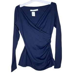 NEW Susana Monaco Faux Wrap Long Sleeve Ruched Top Midnight Blue Small